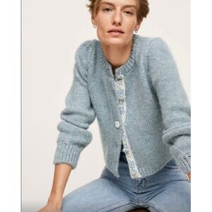 MNG Womens Blue Knit Cardigan Sweater Puff Sleeve Floral Trim Buttons
